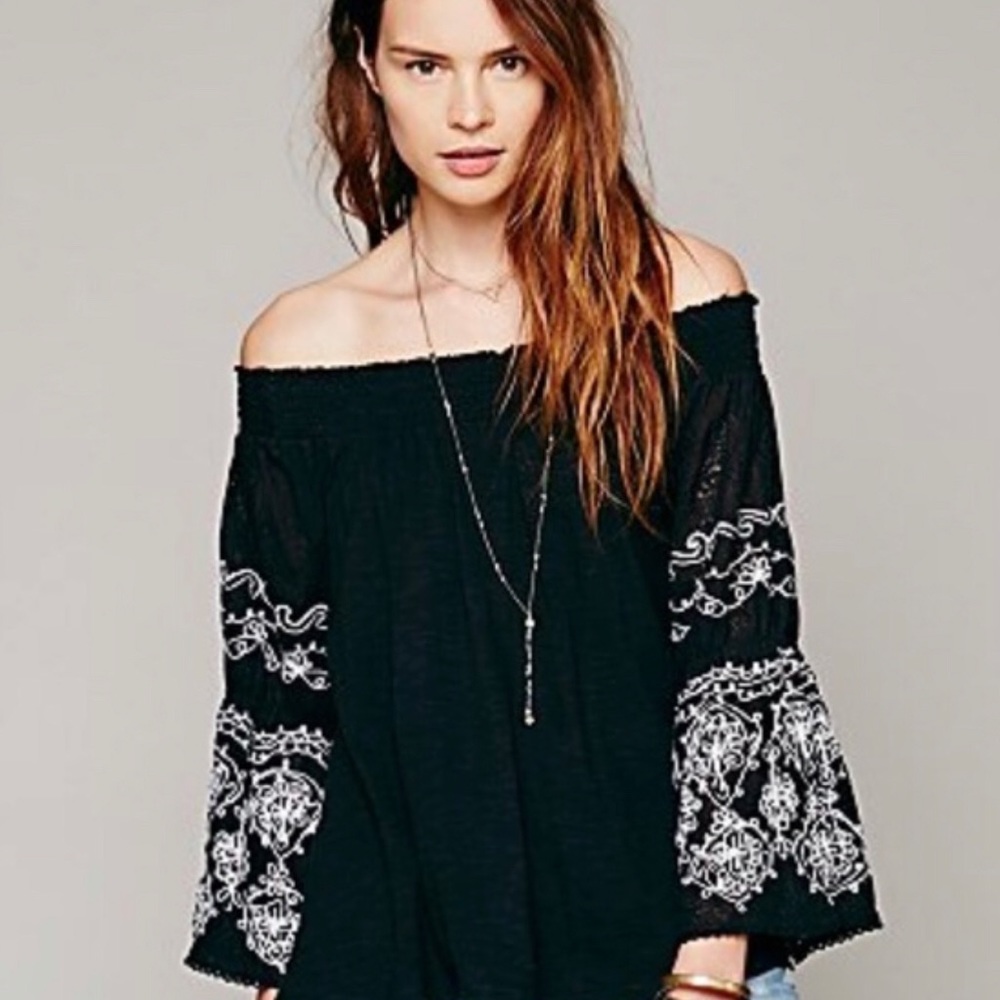 Free People Off the Shoulder Embroidered Jersey - Picture 1 of 9